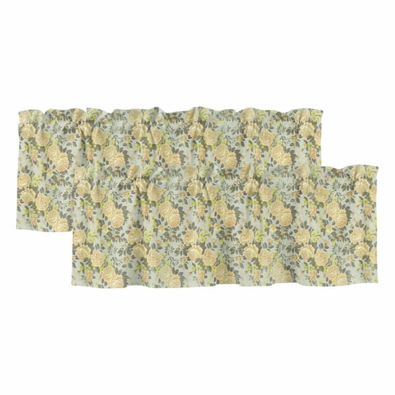 Yellow Rose Curtain Valances for Windows, Kitchen Valance Window Treatments Panel 2 Pack, Farmhouse Romantic Botanical Floral Flowers Rod Pocket Short Curtains for Bathroom Bedroom 42 x 12 Inch