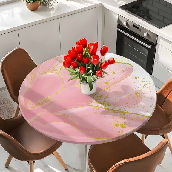 Watercolor Abstract Floral Elastic Fitted Round Tablecloth Pink Gold Lines Waterproof Outdoor Table Cover for Holiday Party, Picnic, Patio & Dining Fits Tables Up to 55"-60"