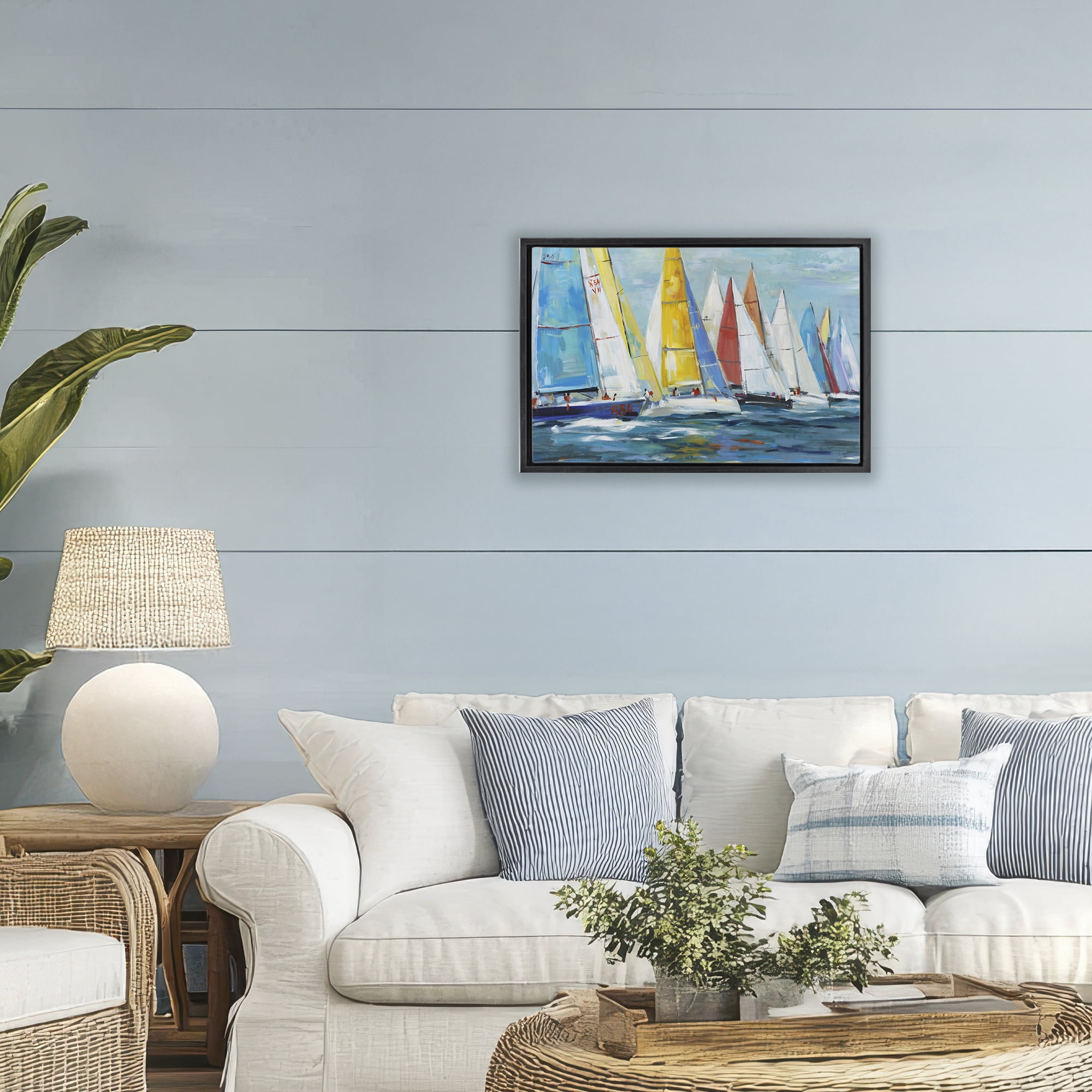 Stupell Industries Colorful Sails Coastal Scene Black Framed Floater Canvas Wall Art, design by Lorenzo Collective