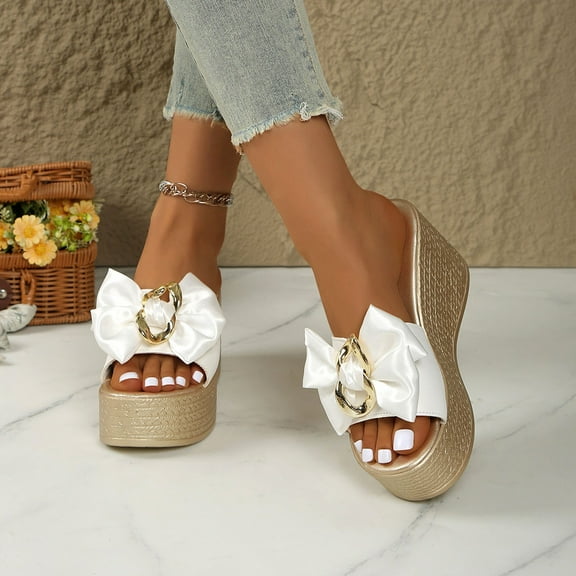 Wowcloth Women's Fashion Casual Summer Bow Detail Slide Sandals – Chunky Wedge Heel Slip-Ons with Thick Sole for Outdoor Comfort,Plus Size