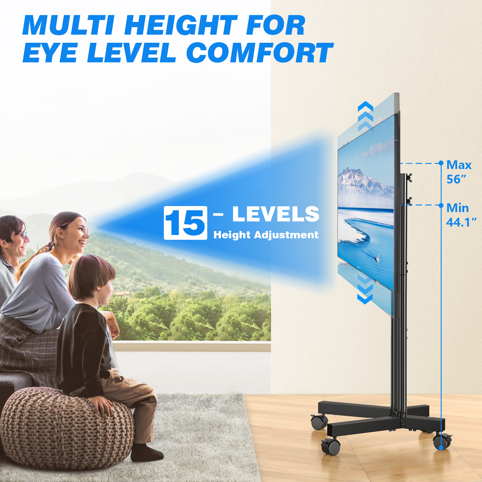 RTVR Portable Rolling TV Cart for 32-70", Black Metal photo 3