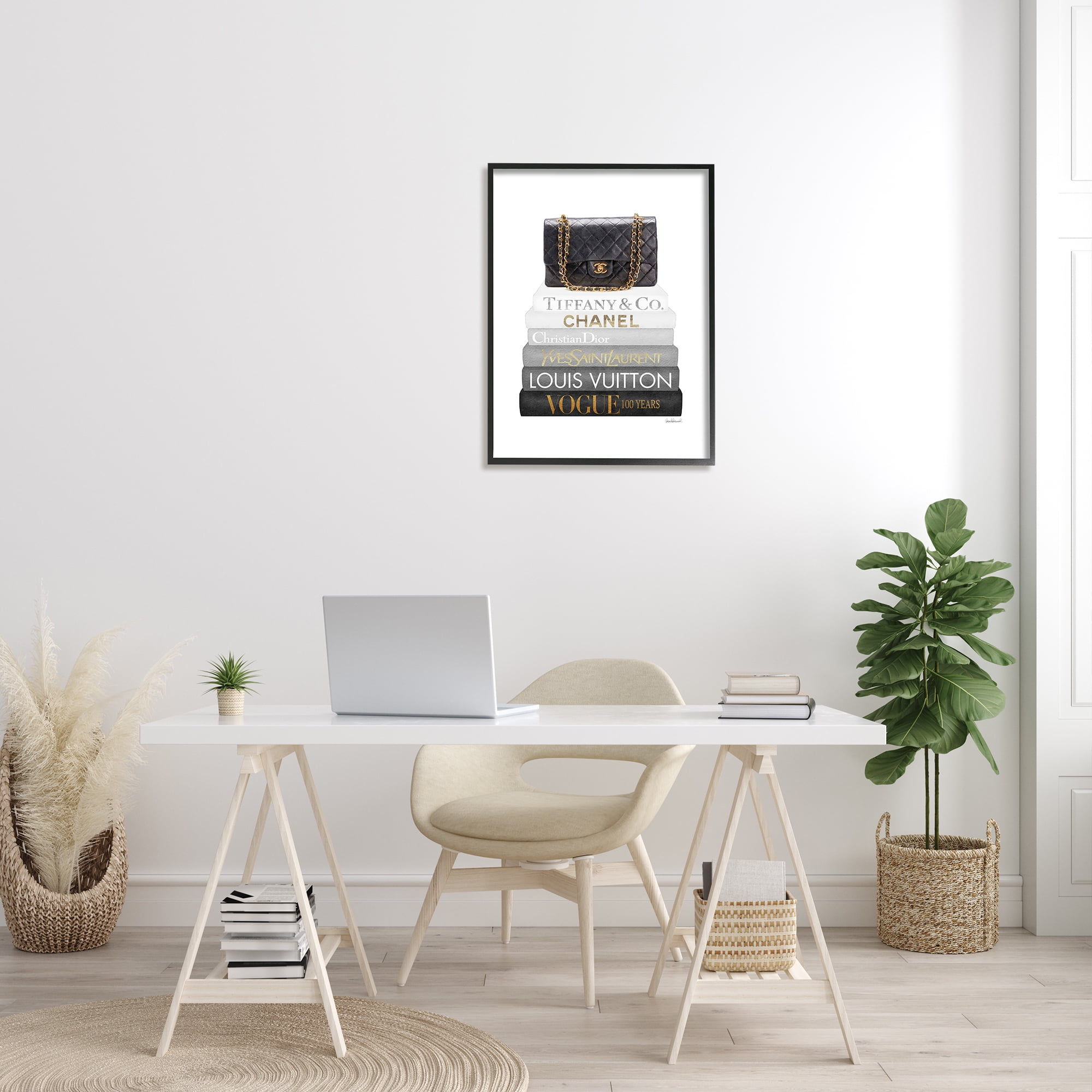 Stupell Industries Black Glam Purse Chic Modern Bookstack Beauty & Fashion Painting Black Framed Art Print Wall Art, 24 x 30