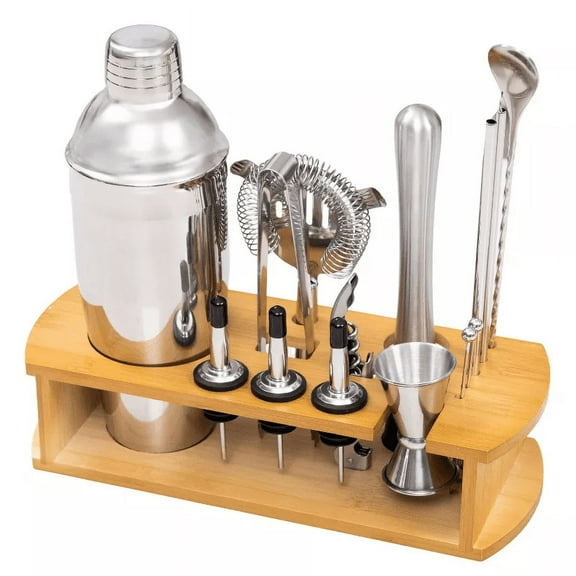 Cocktail Shaker Set Bartender Kit with Stylish Bamboo Stand 16 Piece Barware Mixing Tools, Bartending Kit Gift Set For Home Bar Party, Stainless Steel