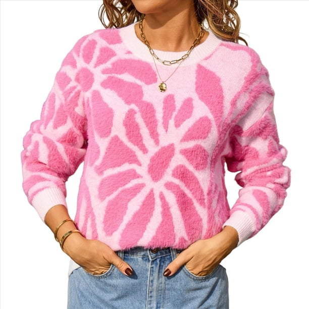 Suéter de Punto Afelpado para Mujer, Cuello Redondo, Larga, Estampado Floral, Suave, , Holgado, para Otoño e Invierno Rosa S