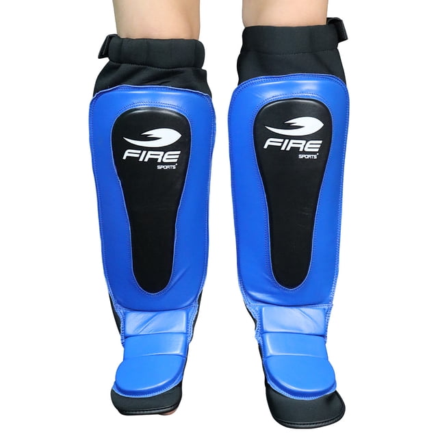 Par de Espinilleras de Piel Tipo Calceta Fire Sports MMA, Kick Boxing, Muay Thai, Azul