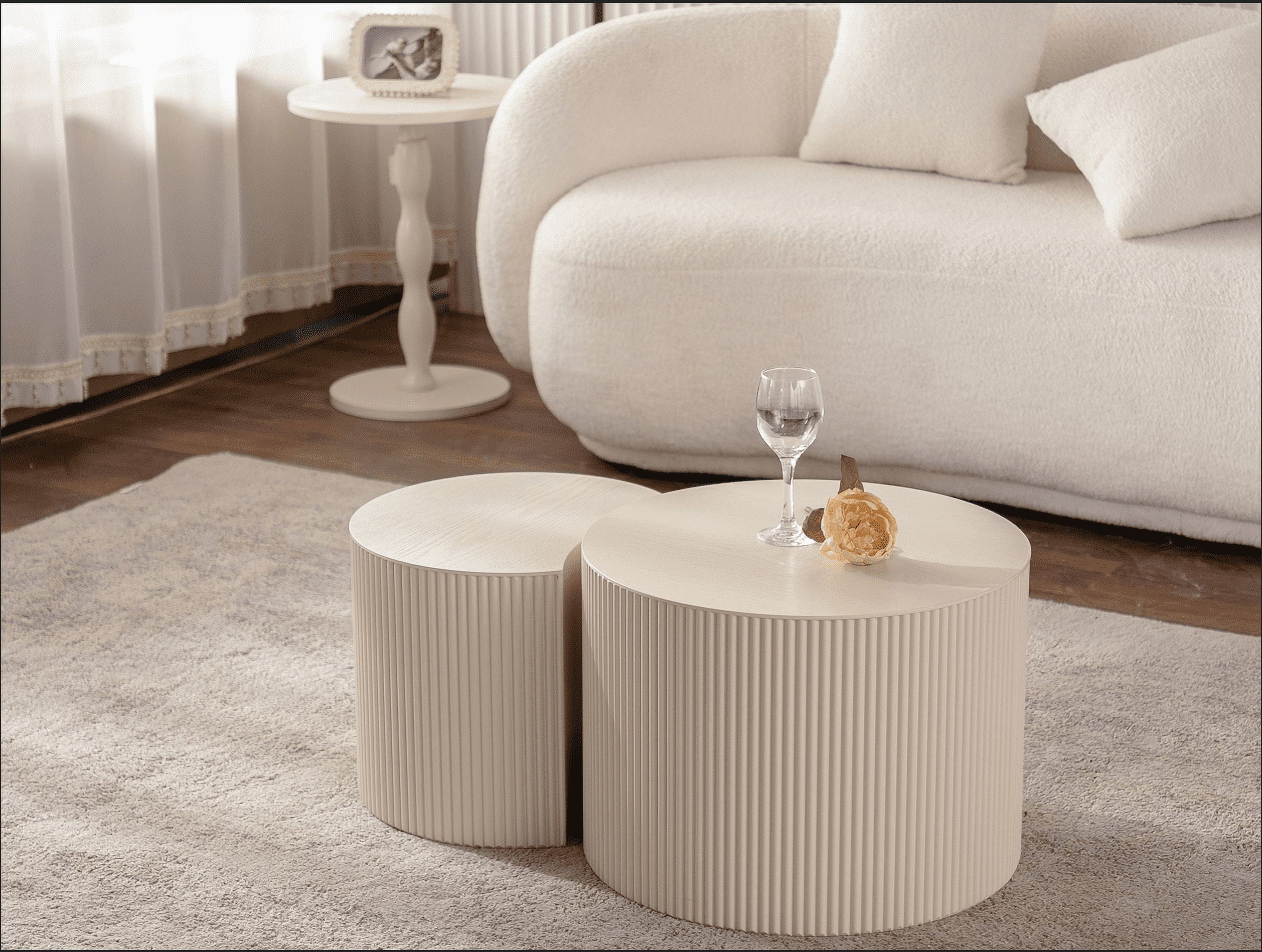 MDQMDCoffee Table Set of 2,Round Coffee Table Handcrafted Relief Sturdy Pedestal Wooden Olive-Shaped Tea Table for Living Room