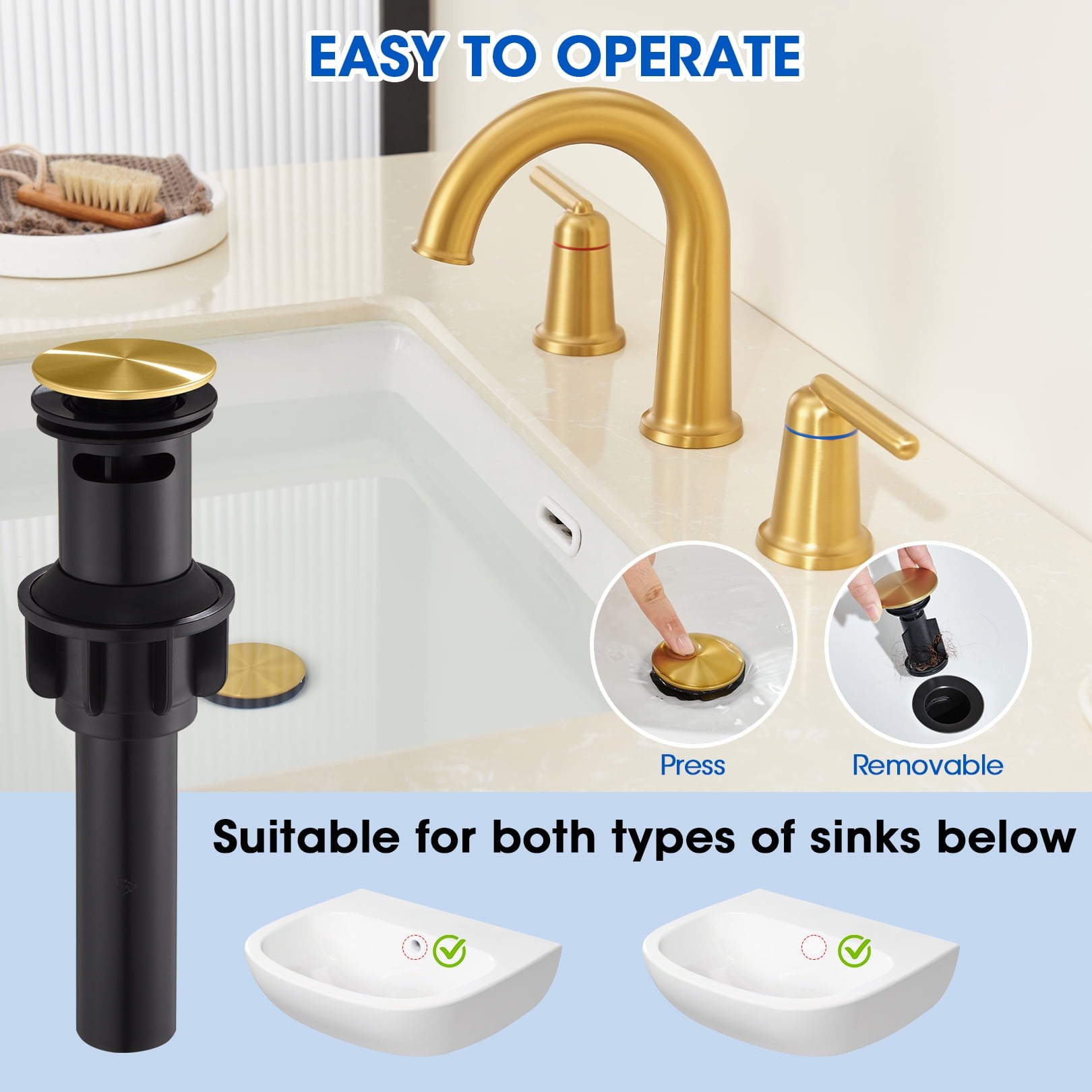 Wowkk Sanitary Ware Brass Bathroom Sink Faucet 2 Handles Widespread Bathroom Faucet 3 Hole, Pop-Up Drain and cUPC Supply Lines Included, Basin Faucets for Vanity Rv Restroom, Brushed Gold