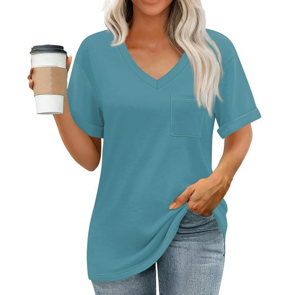 bbyeadc Women's Black Tshirts V Neck Short Sleeve Casual Tops Loose Fit Basic Tees with Chest Pocket (Turquoise, S)