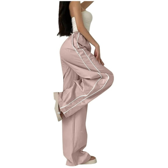 ylioge Loose Fit Straight Trousers for Women Drawstring Spring Normal Waist Going Out Pants Pockets Full Length Striped Athletic Sweatpants Pantalones