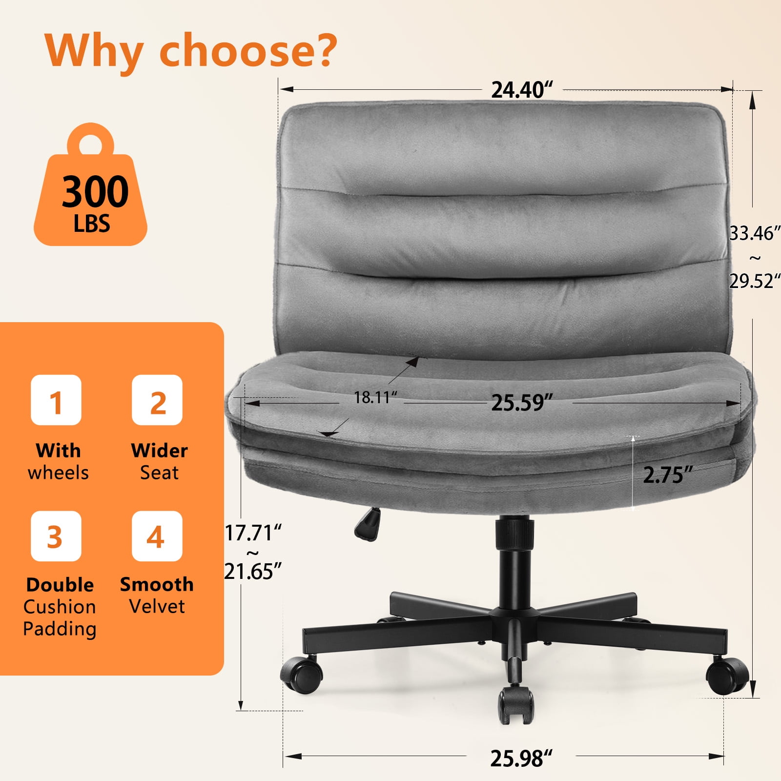 COMHOMA Armless Office Desk Chair, Criss Cross Swivel Chair with Wheels, Wide Seat Adult Vanity Chair for Home Office , Gray