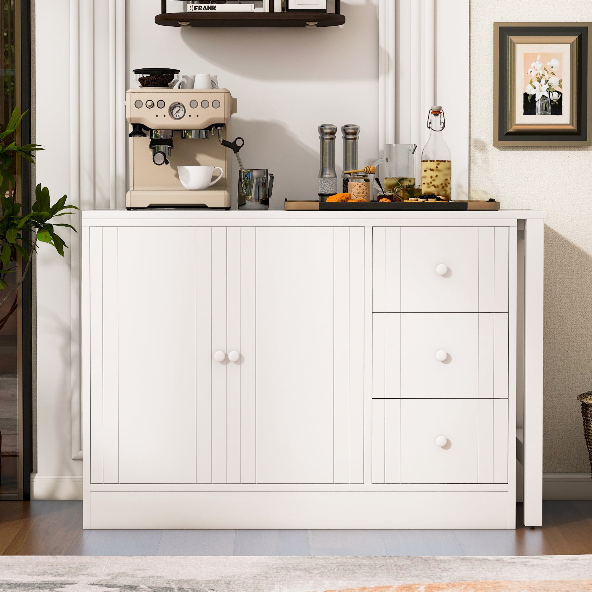 Euroco 89.7" Sideboard with Extendable Table, Multifunctional Buffet Storage Cabinet with 2 Doors and 3 Drawers Coffee Bar Station for Living Room,Study,Kitchen, White