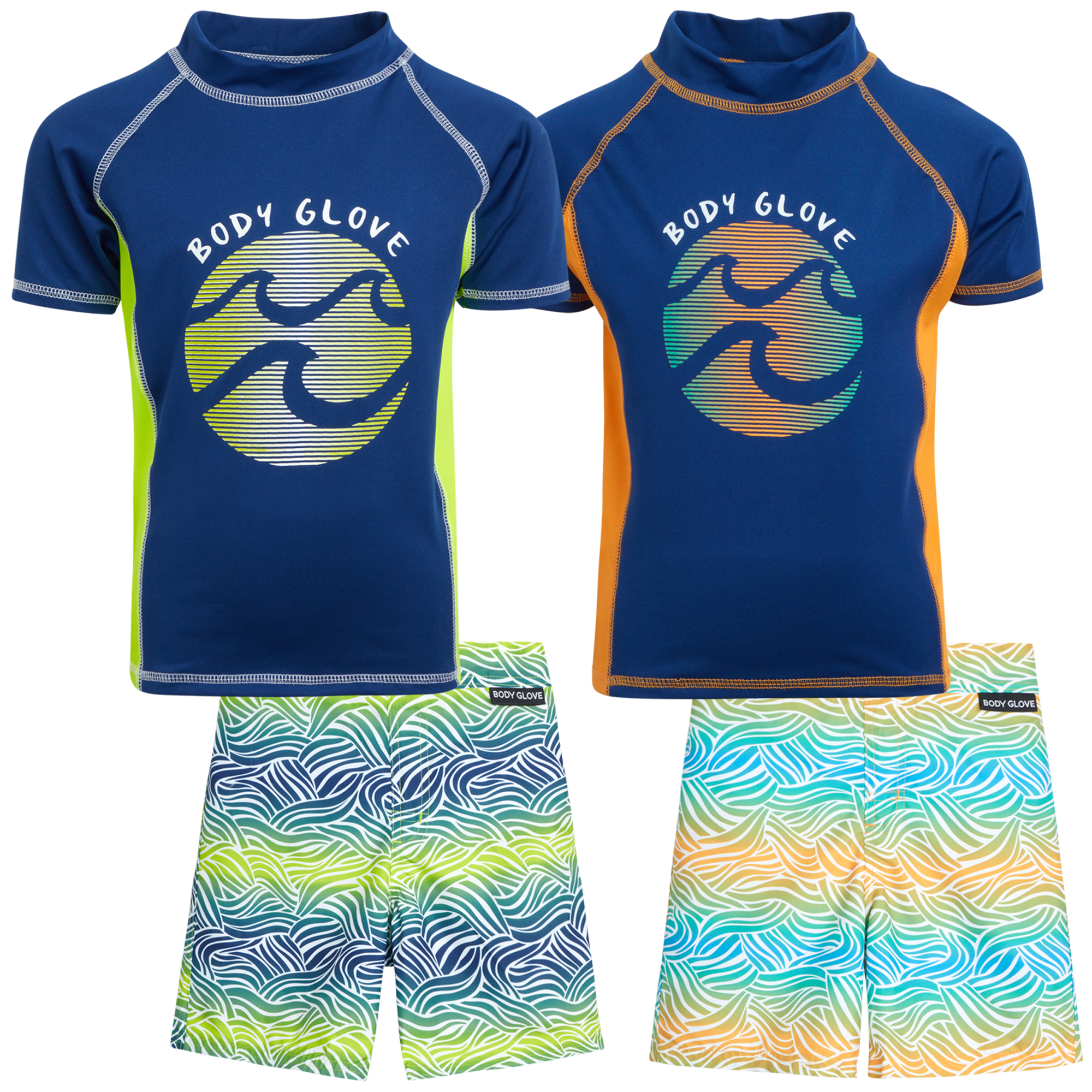 Body Glove Boys' Rash Guard Set 4 Piece UPF 50+ Short Sleeve Swim