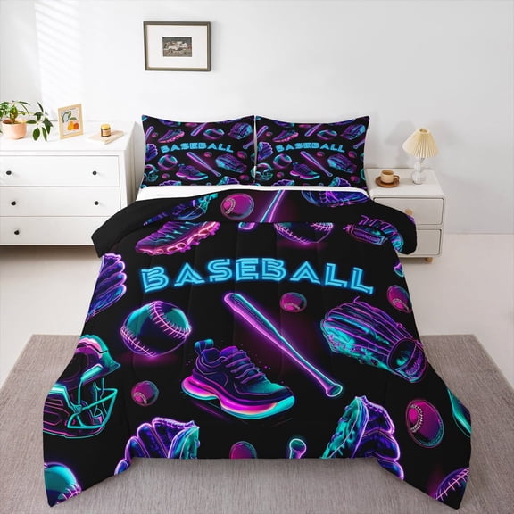 Manfei Cartoon Ball Sports Bedding Comforter Set, Neon Baseball Print Twin Comforter Sets, Teens Boys Girls Kids Reversible Bedding Set, Microfiber Bedroom Decor, 2-Piece