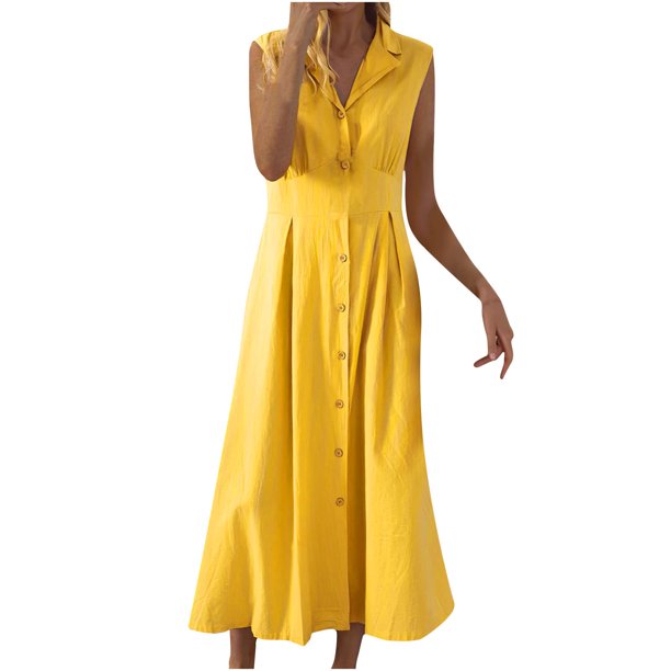 Moda Mujer Verano Sólido Sin Mangas Turndown Collar Botón Casual Vestido Odeerbi ODB121204