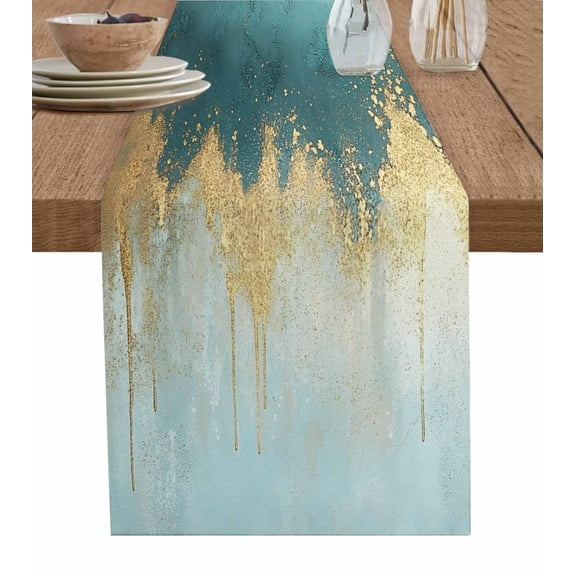 Modern Teal Turquoise Burlap Cotton Table Runner 13x48 Inches Long, Abstract Oil Painting Minimalist Art Farmhouse Table Runners, Outdoor Dining Tablecloths Decor for Baby Shower/Party/Wedding