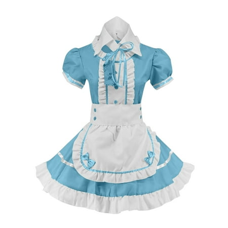 

VEKDONE Women Lingerie Set Cute Maid Costume Summer Short Sleeve Lace Dress Cosplay Uniform Apron Dress Plus Size Sky Blue L