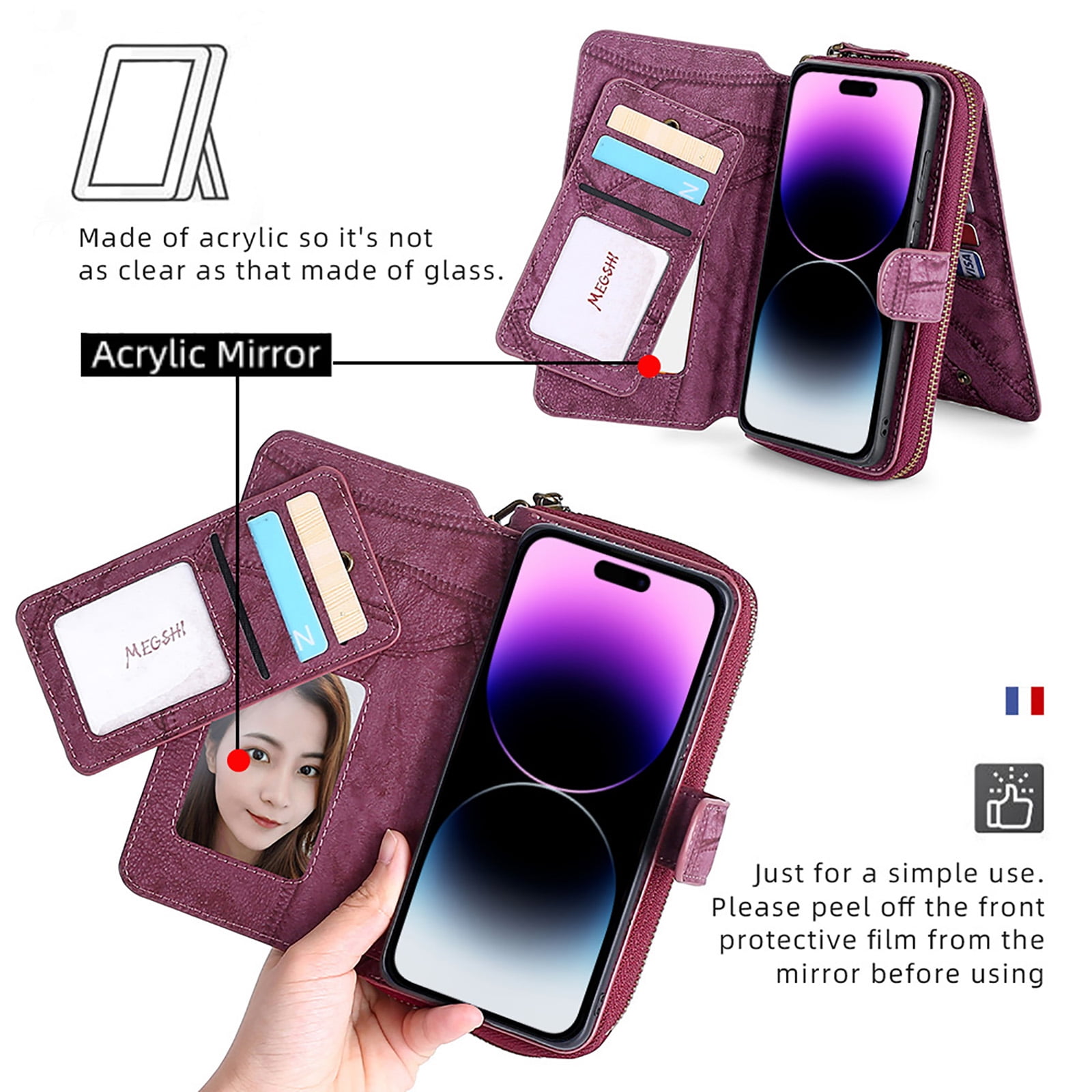 Feishell for iPhone 16e Multi-Function Wallet Case, with Wrist Strap, Premium PU Leather 2 in 1 Magnetic Detachable Purse 14 Card Holder Slots Zipper Pocket Phone Case for Women Men,Winered