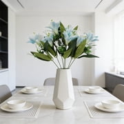 Blue Artificial Lilies Bouquet 15.7 Faux Silk Flowers with Green Leaves & White Accents - Lifelike Fake Floral Arrangement for Home Decor Table Centerpieces
