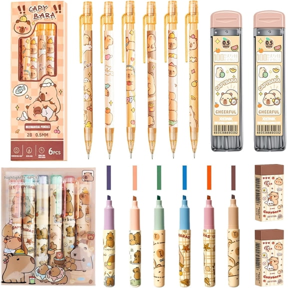 6Pcs Mechanical Pencils,Lead Refills,Erasers,Capybara Stuff,Capybara Stationery Set,Kawaii Stationery Birthday Gifts,for Office Home Supplies