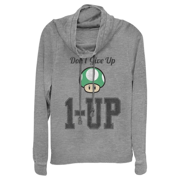 Junior's Nintendo Don't Give Up Level Up Mushroom Cowl Neck Sweatshirt Gray Heather Medium