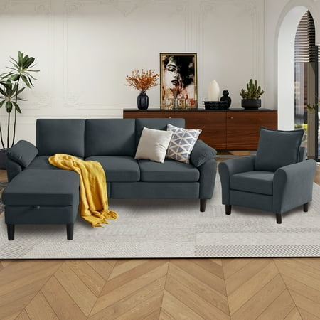 Tornama Modern Linen Convertible L Shaped Sectional Sofa Set, Dark Gray