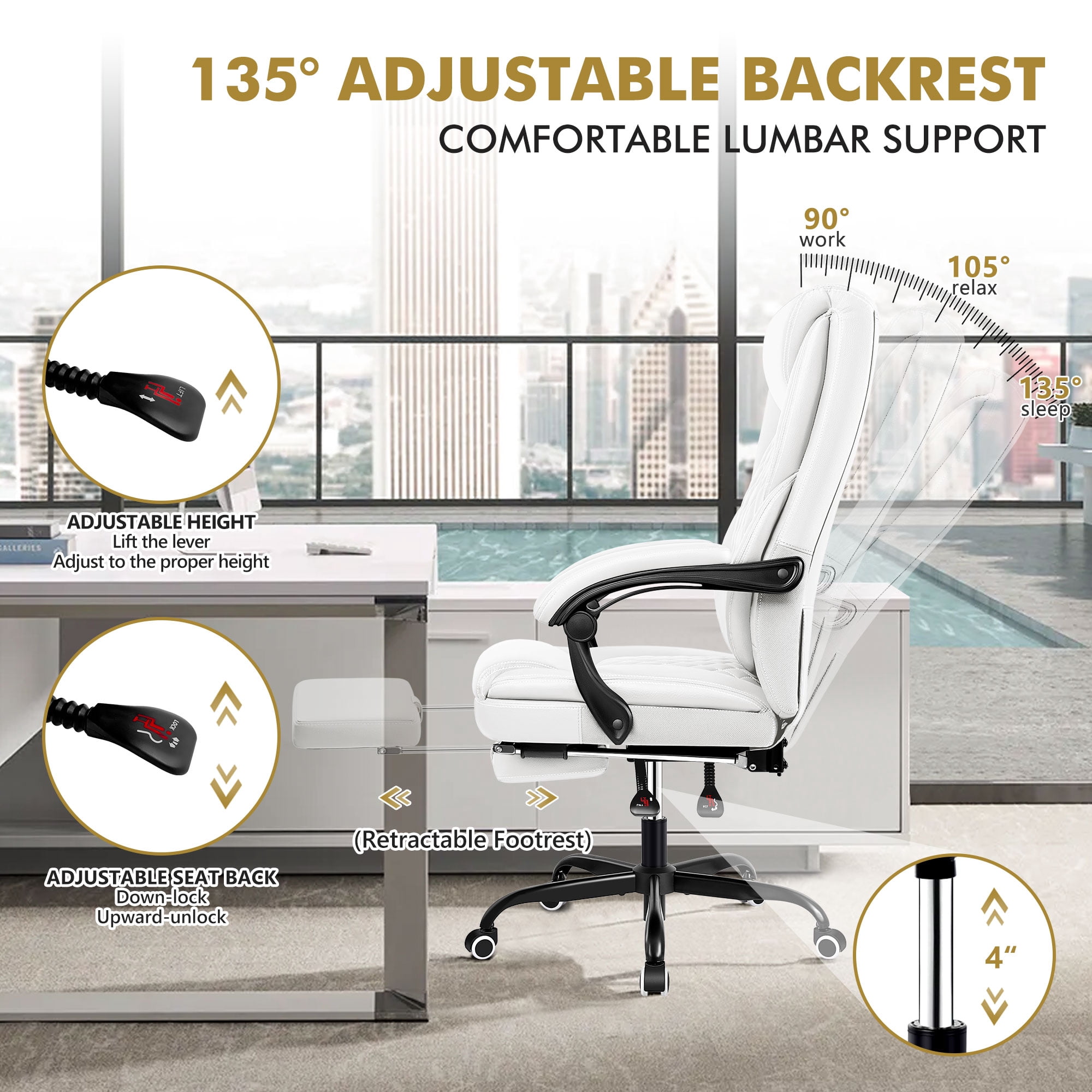 Primy Office Chair with Retractable Footrest, Ergonomic High Back Executive Computer Desk Chair, Big & Tall PU Leather Reclining Chair for Home Office Work