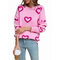 thumbnail image 3 of Womens Fall Sweaters Heart Print Long Sleeve Crew Neck Striped Pullover Loose Knitted Jumper 2025 Pink XL, 3 of 9