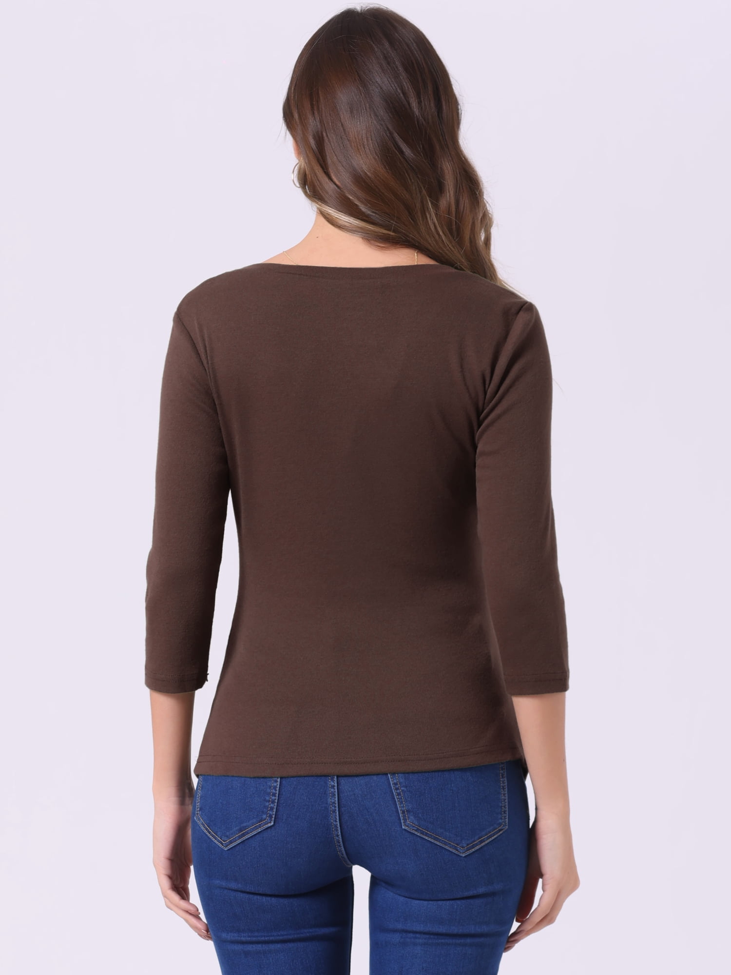 DARING DIVA V Neck 3/4 Sleeve Ruched Blouses Tops M Coffee Brown