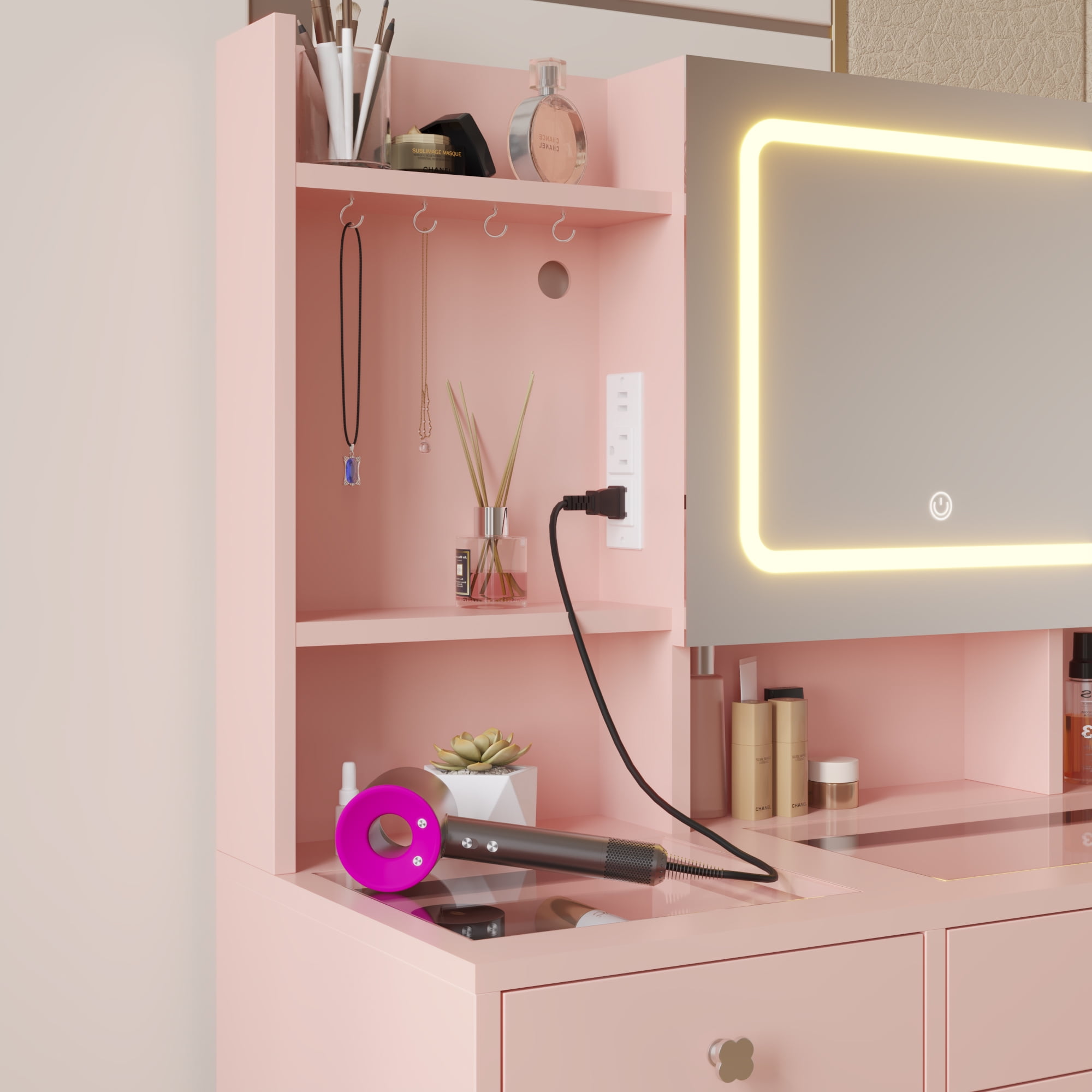 Ktaxon Large 47.2" Makeup Vanity with 3 Color Lights, Dressing Table with USB Charging Station, Light Pink