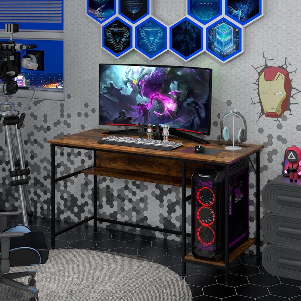 Demi Bonn 55" Computer Desk with Charging Station, Small Home Office Desk Study Writing Table, Brown