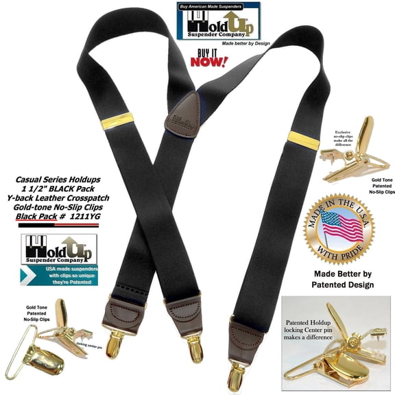 Holdup Brand Black Pack color Casual Series Y-back Suspenders with patented no-slip  Clips