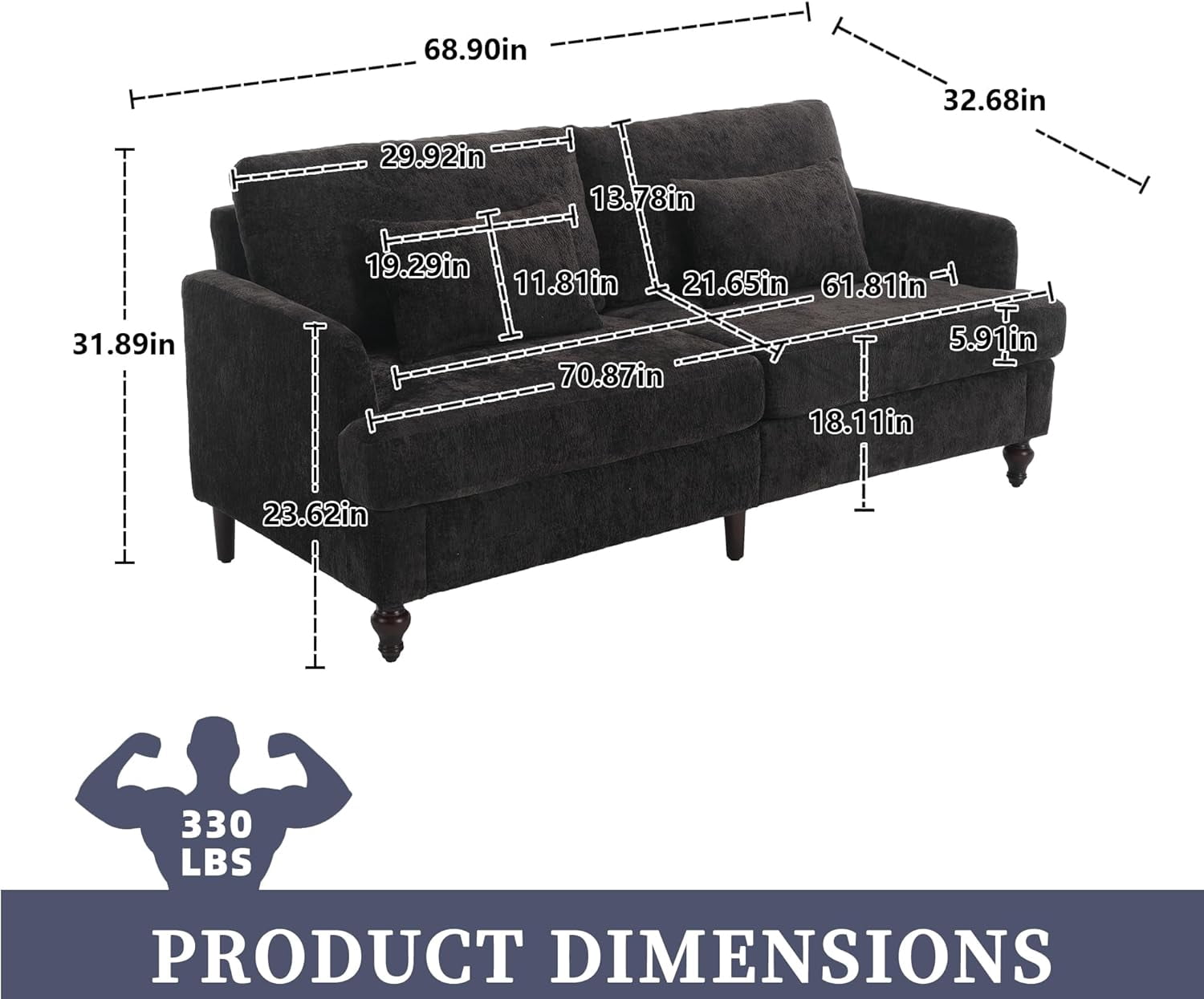 MOONMISS chenille Fabric Loveseat sofa, 2-Seat Upholstered for Living Room,Brown wood feet Black