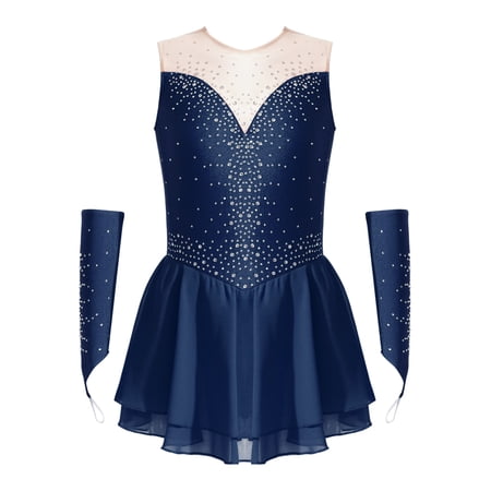 CHICTRY Kids Girls Modern Lyrical Dancewear Patchwork Fancy Skating Ballet Dance Performance Dress Navy Blue 10
