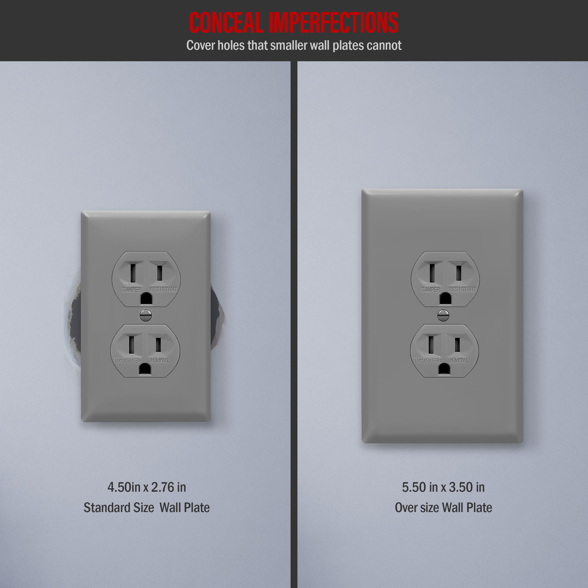 ENERLITES Duplex Receptacle Outlet Wall Plate, Jumbo Electrical Outlet Cover, Gloss Finish, Oversized 1-Gang, Polycarbonate Thermoplastic, 8821O-GY, Gray - image 2 of 5