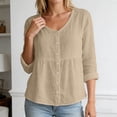 thumbnail image 2 of Women V Neck Long Sleeve Button Down Shirt Loose Casual Top,Beige,L, 2 of 5
