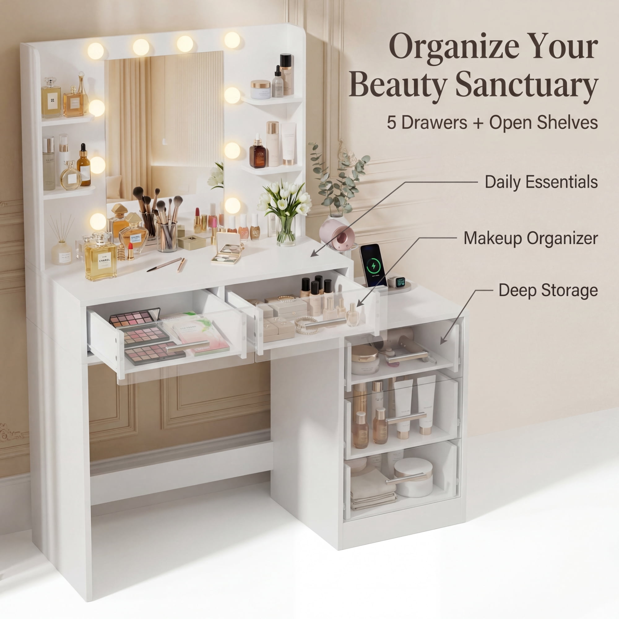 Homall Makeup Vanity Desk with LED Lights, Mirror & Power Outlet, Dressing Table with 4 Shelves and 5 Drawers, Vanity Set & Nightstand for Bedroom, White