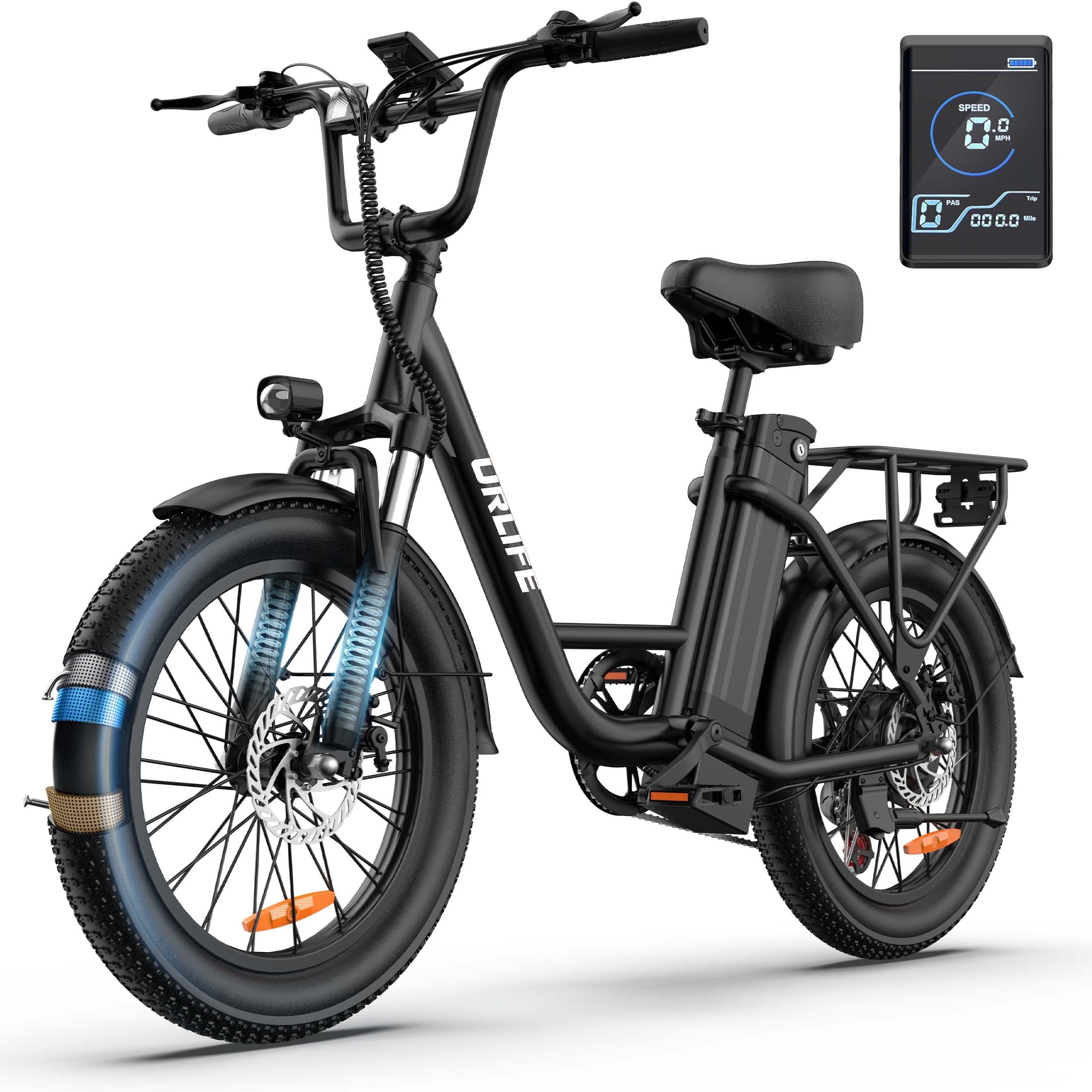 URLIFE 3.0 Fat Tire Ebike, 20" Electric Bicycles for Adult, 750W Peak Motor, 48V 13AH Remobavle Battery, 7-Speed Commuting Ebike, UL2849-Black