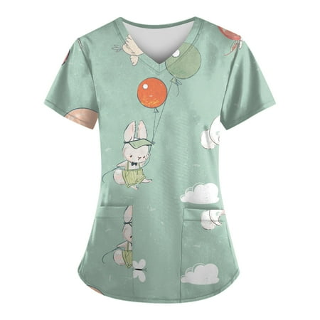 

TAIAOJING Scrubs for Women Workwear Casual Easter Day Printed Short Sleeve V Neck Holiday Fun Patterned Working Tshirts Blouse Tops With Pockets