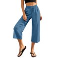 thumbnail image 4 of Linen Capris for Women Wide Leg Petite Pull On Pants with Drawstring Elastic Waist Casual Cropped Pants Light Blue 2XL, 4 of 6