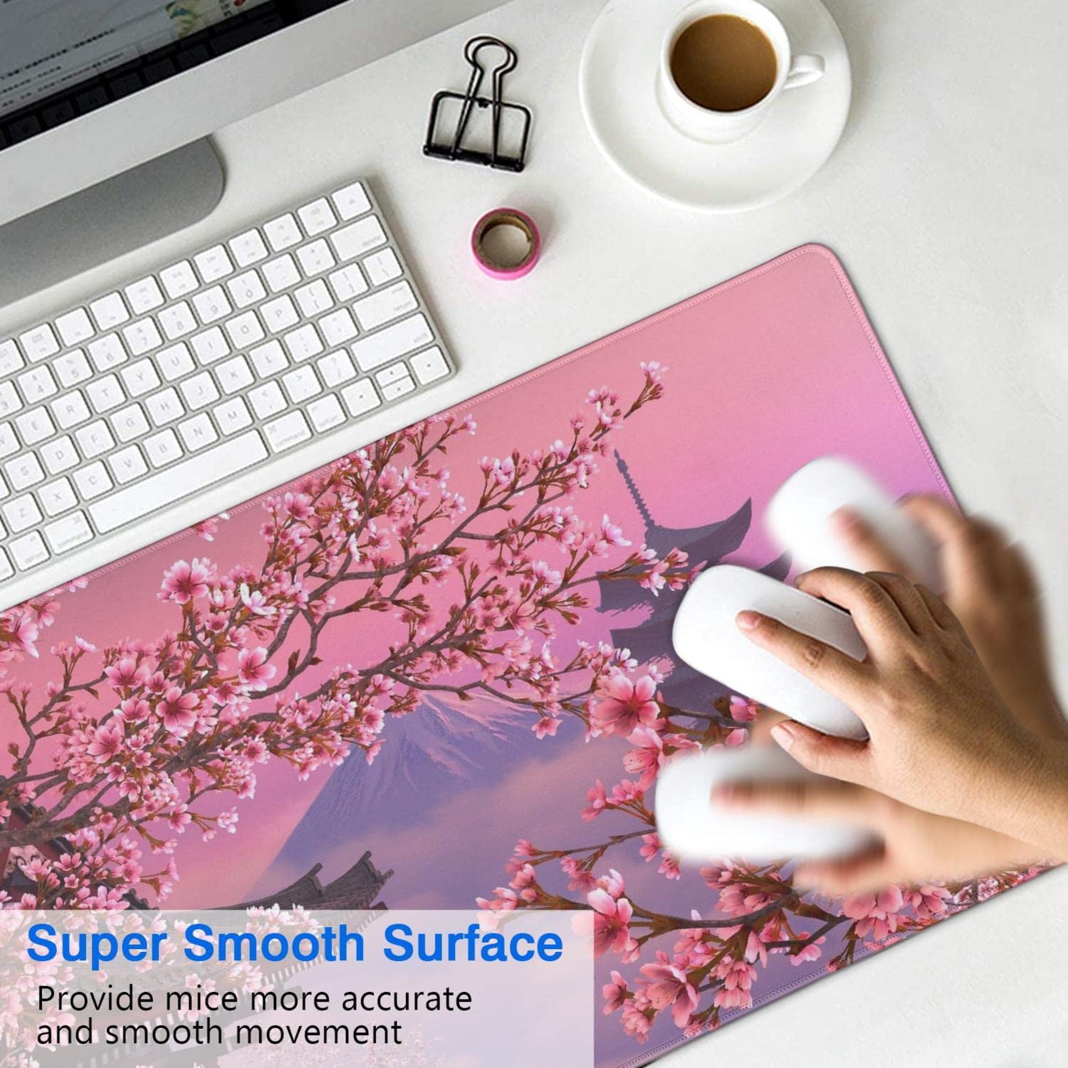 Gaming Mouse Pad, Desk Pad with Non-Slip Base Extended Large Mouse Pad XXL Keyboard Mouse Pad Desk Mat On Top of Desks for Work, Game, Office, Home - Pink Japanese Cherry Blossom (31.5x15.7 in)