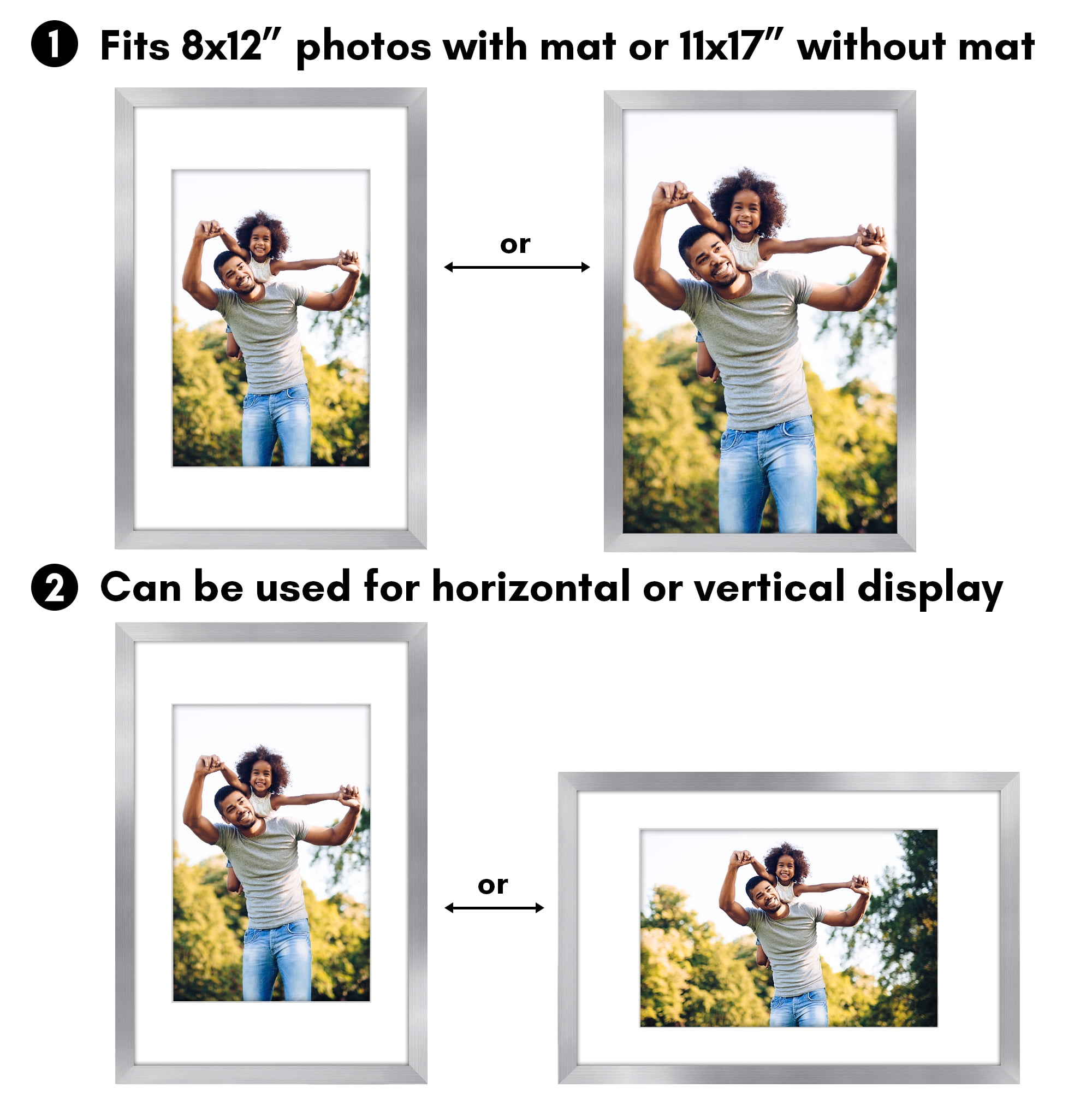 Americanflat 11x17 Picture Frame with Polished Plexiglass with 8x12 Mat 2 Pack Display Photo Galleria - Silver