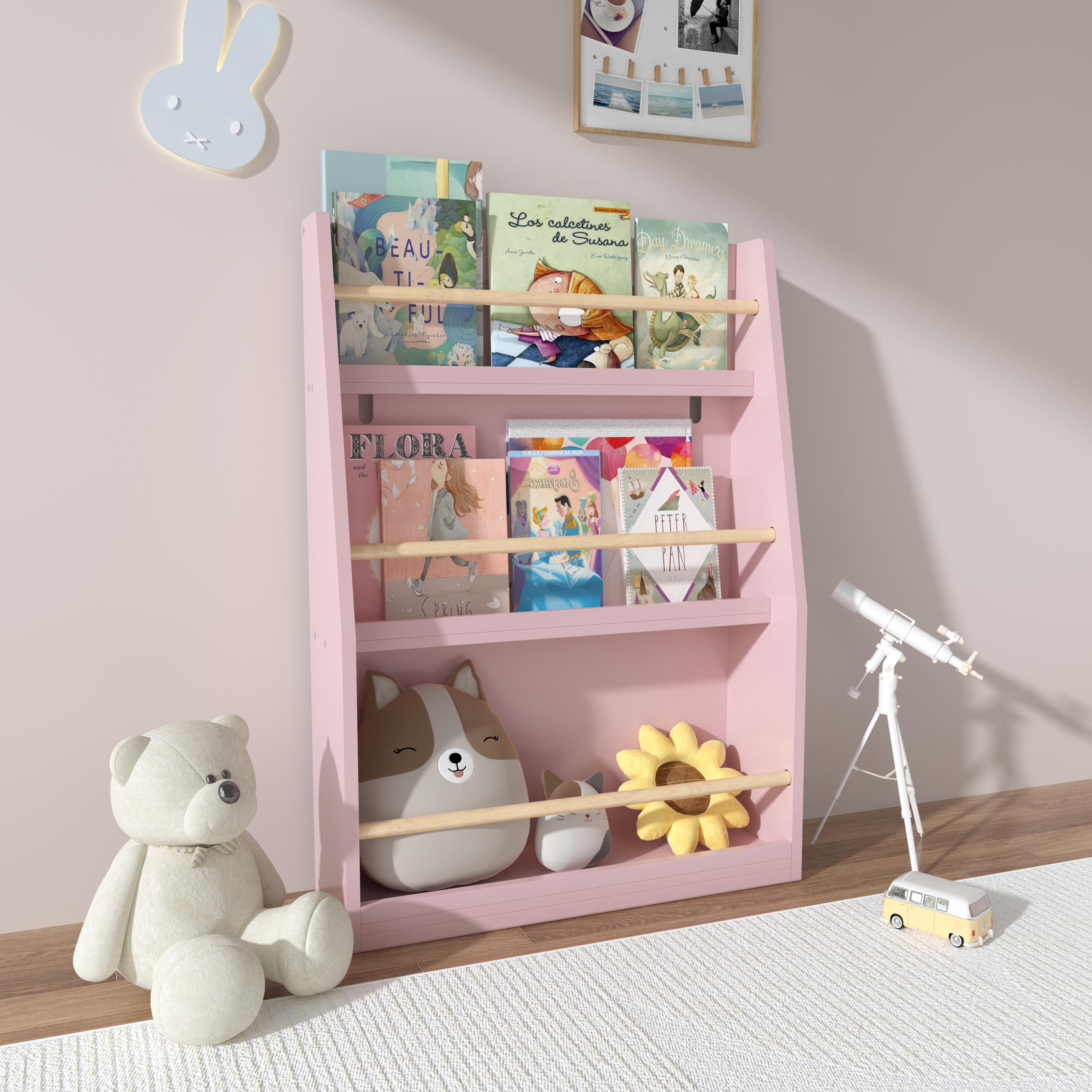 Yoneston Kids 3-Tier Bookcase with Wood Rails, Children's Standing Display Bookshelf for Playroom, Bedroom, Nursery, Pink