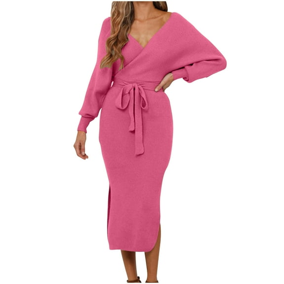 Efsteb Cocktail Dresses For Women V Neck Sweater Dresses Batwing Long Sleeve Backless Bodycon Long Dress with Belt (Hot Pink,XL)