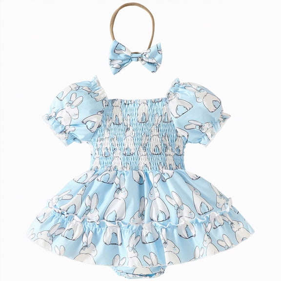 CAICJ98 Baby Girl Easter Outfit Newborn Short Sleeve Bunny Romper Dress with Headband Infant Spring Summer Clothes (Sky Blue,3-6 Months)
