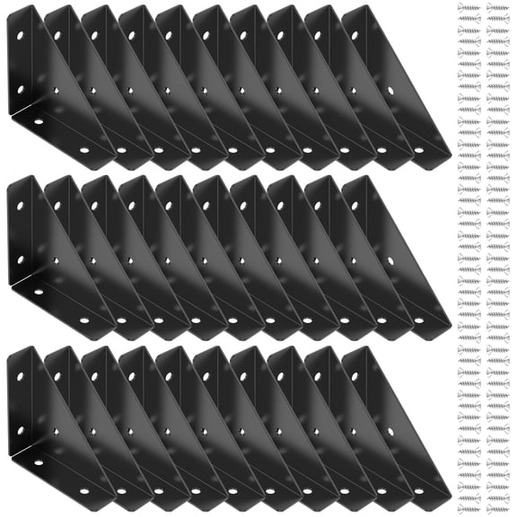 12/30Pcs Triangle Corner Bracket Steel Corner Brace Bracket Rustproof Black Angle Shelf Bracket Connector with Screw Furniture Corner Connector Triangle Shelf Bracket for Bed Table Cabinet