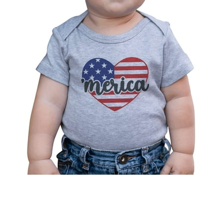 

7 ate 9 Apparel Kids Patriotic 4th of July Outfit - Merica USA Flag Heart Grey Onepiece 3-6 Months