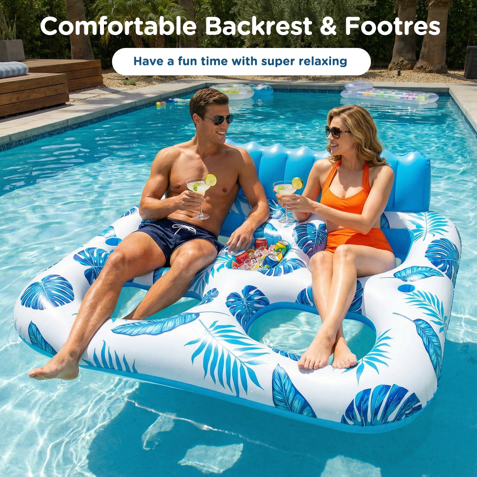Livhil Inflatable Pool Float, 2 Person Pool Floats for Adults, Double Inflatable Lounger Pool Raft with Backrest & Cup Holders, Summer Water Fun for Pool Beach Lake, Blue