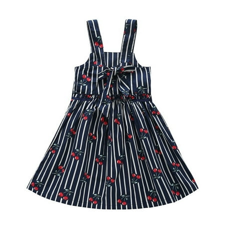 Baby Toddler Kids Girls Summer Blue Stripe Cherry Printed Sleeveless Dress Skirt