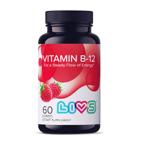 LIVS Vitamin B-12 Gummy, Extra Strength 1,500 Mcg Daily Supplement – 60 Raspberry Gummies