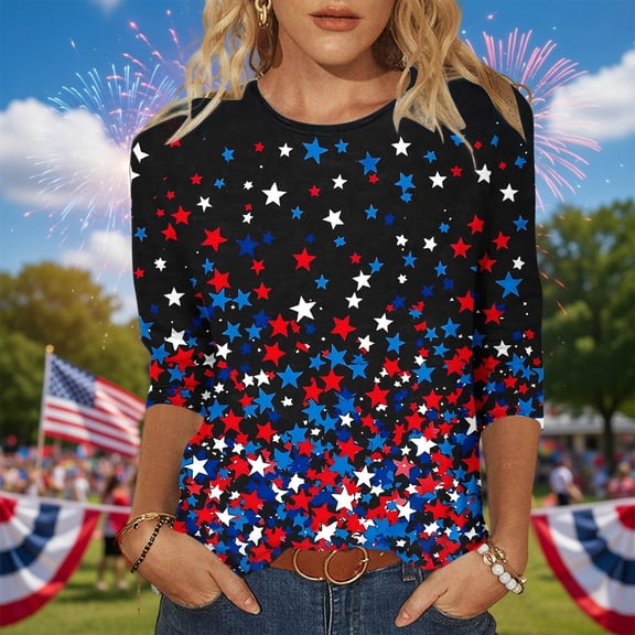 Lorytime 3/4 Length Sleeve Womens Tops 4th of July Outfits Patriotic Graphic Outfits 3/4 Sleeve Red White and Blue Wear
